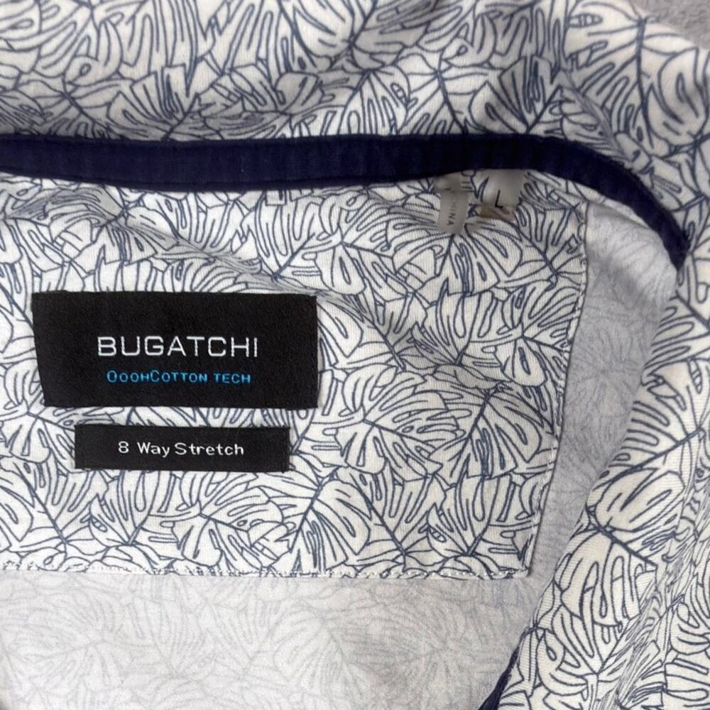 Bugatchi OoohCotton Tech Polo Men’s Size L White Blue Leaf Print 8-Way Stretch - Picture 3 of 10